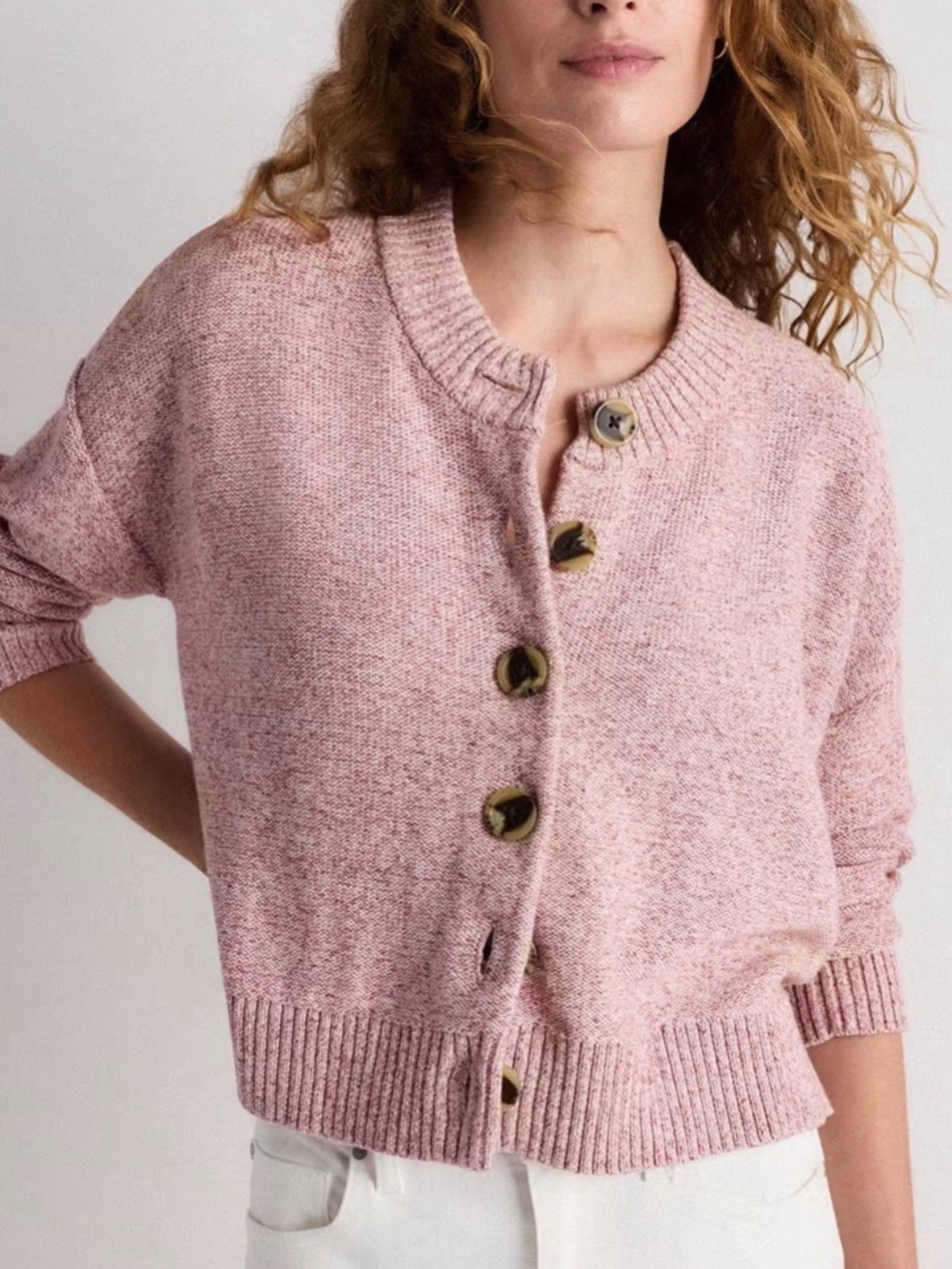 Quince Women's Marled Rose Pink Button-Front Sweater Cotton Cardigan L